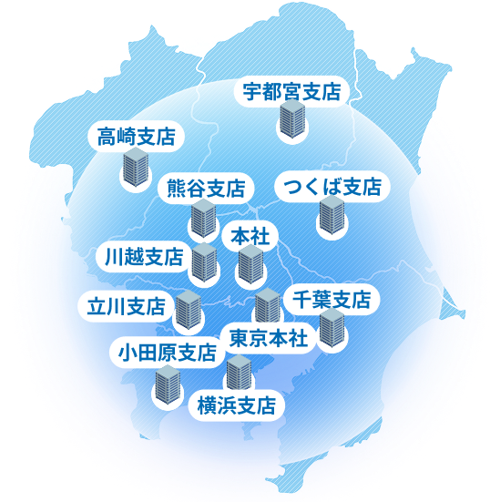 関東地方の支店マップ（本社、東京本社、宇都宮支店、高崎支店、熊谷支店、つくば支店、立川支店、千葉支店、小田原支店、横浜支店）