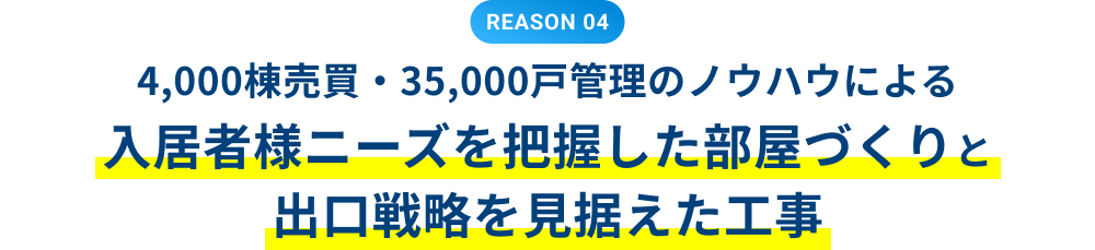 REASON 04 4,000棟売買・35,000戸管理のノウハウによる 入居者様ニーズを把握した部屋づくりと出口戦略を見据えた工事
